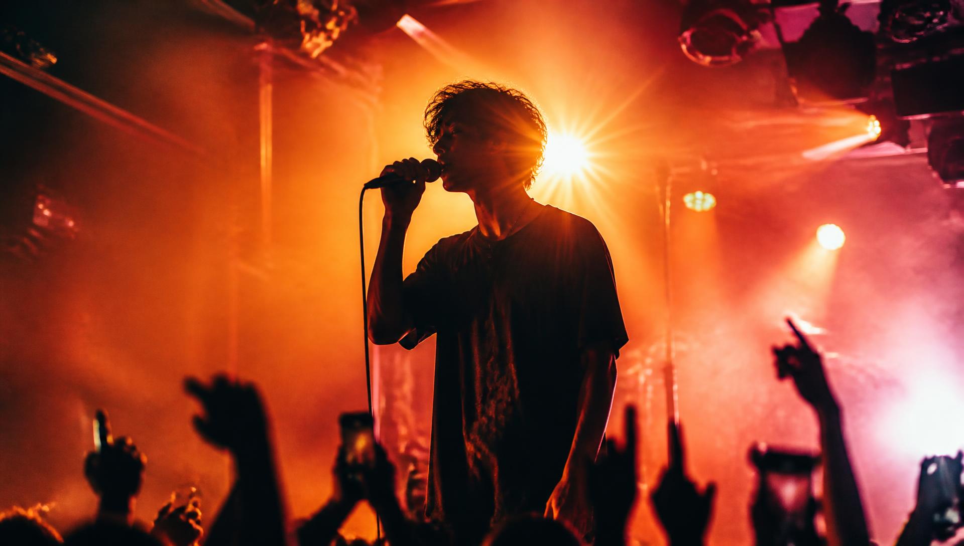 Singer performing under warm stage lights