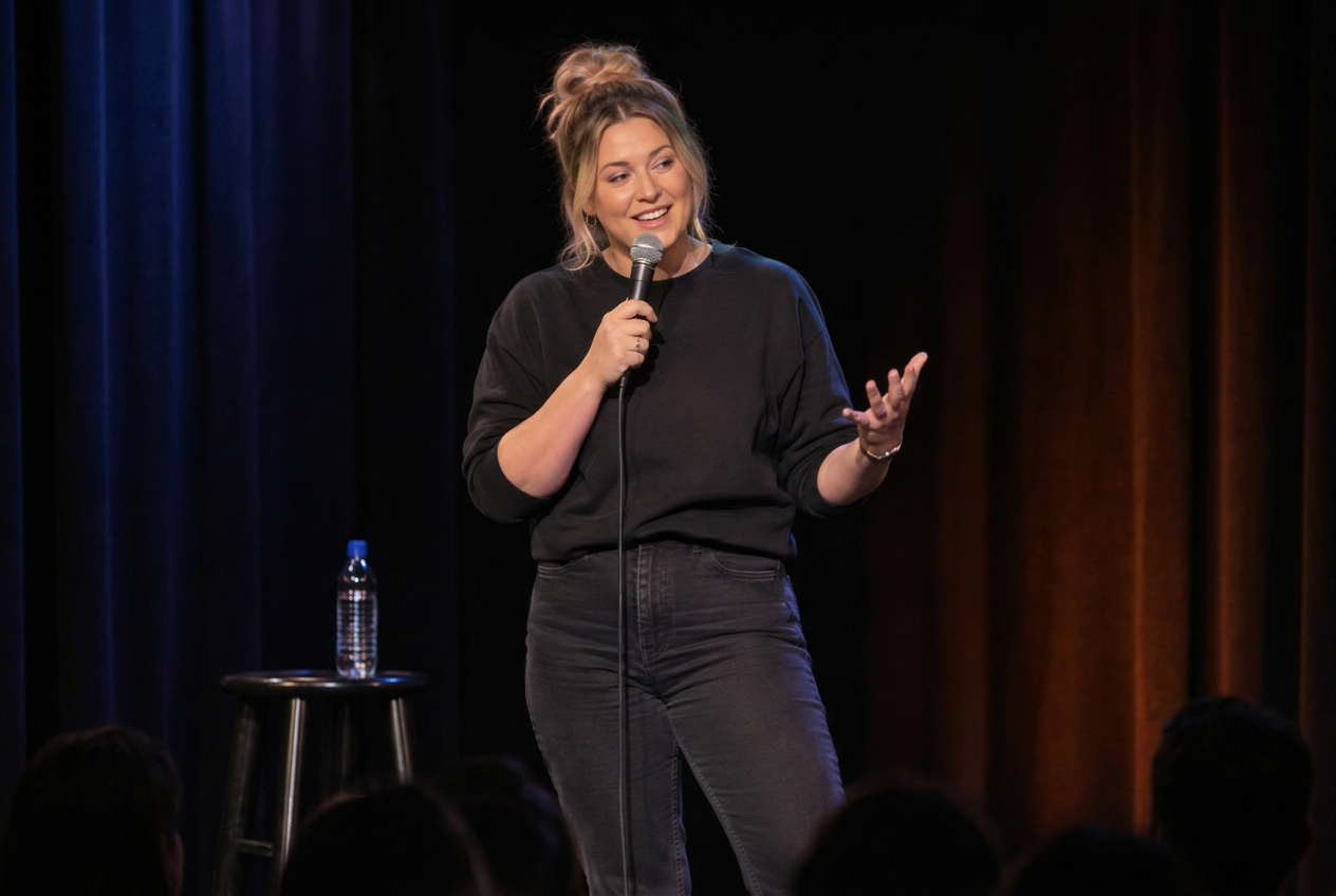 Stand-up comedian performing on stage with a microphone